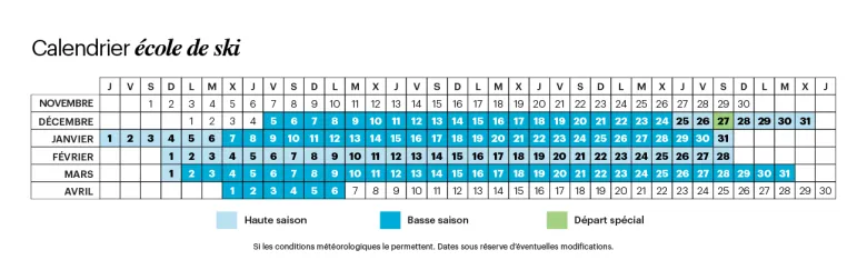 Calendaire ècole de ski Grandvalira