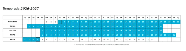 Calendario temporada hivern Grandvalira